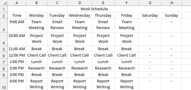 Work schedule template