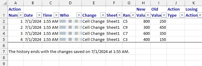 create a history worksheet on a new sheet to keep a log