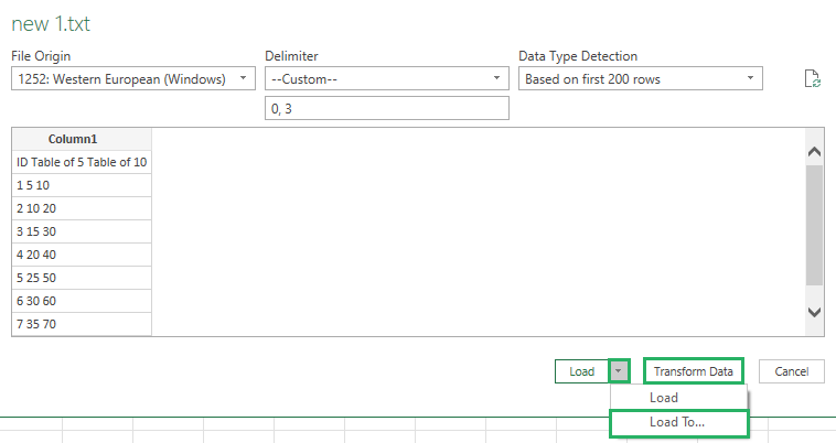 Select load to in Excel worksheet