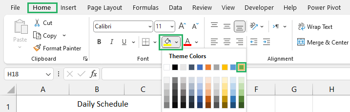 Select Green color from the Fill color