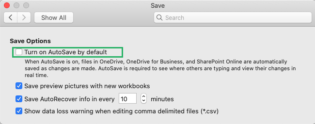 Uncheck the turn-on autosave option