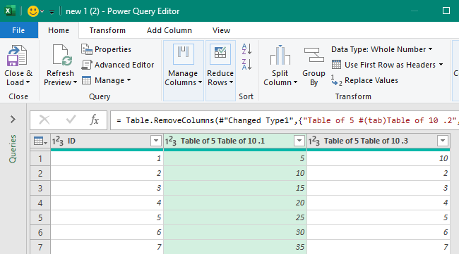 Select transform to open the power query