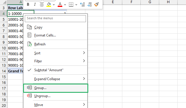 image 7 Group the data values using group from the drop-down menu