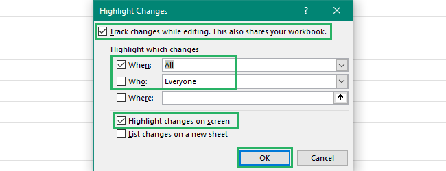 Select all options to turn on the track changes feature and show changes