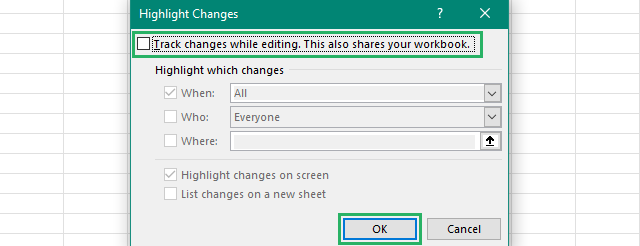 turn off track change while editing option in the dialog box