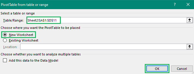 Select the location for the table