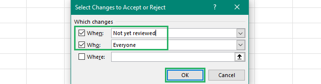 Clear the Where box in the workbook and the Who box