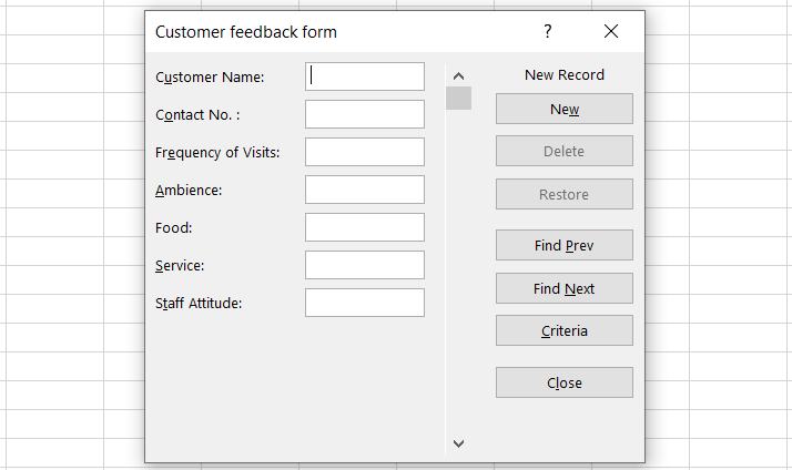 Microsoft forms in excel spreadsheet