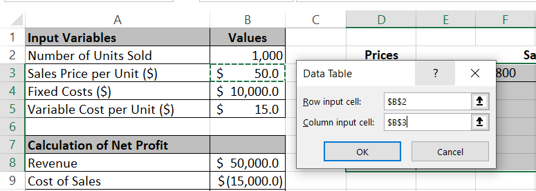 Column and row input cell