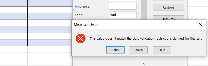 Excel gives data validation error