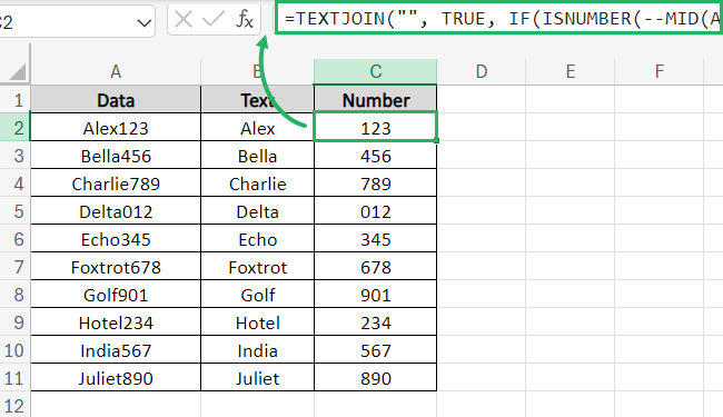 Use the MID function to separate the numbers in your data set