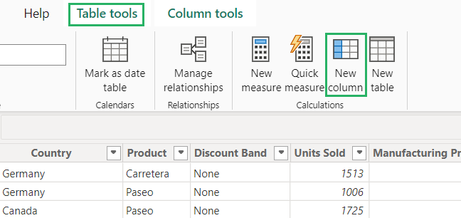 Create column from tools tab