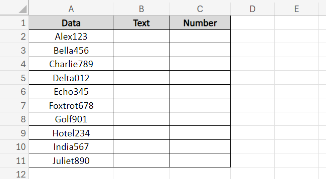 Sample data set Excel table