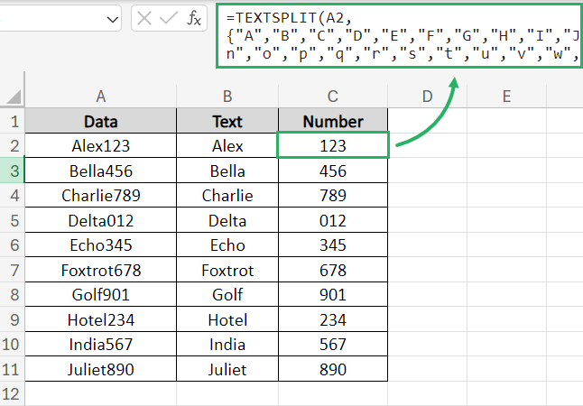 Use the formula to separate cells with different types of data