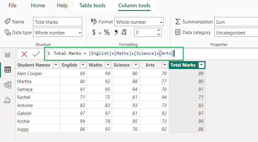 column formula complete