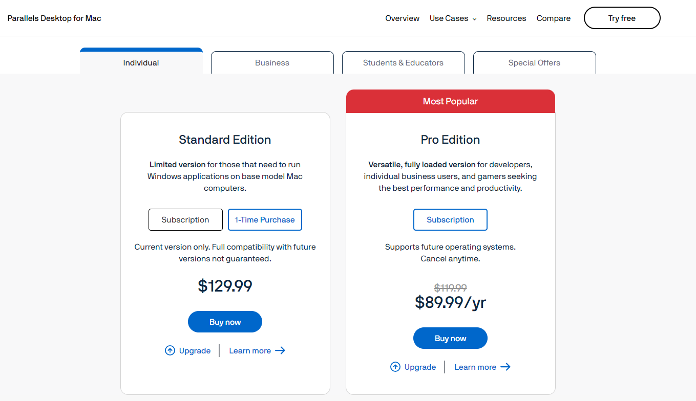 7 Parallels one-time purchase model