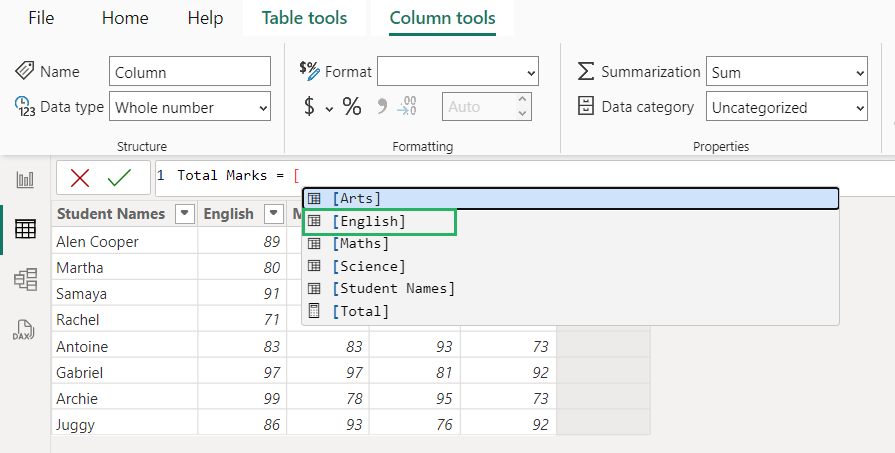 English column name