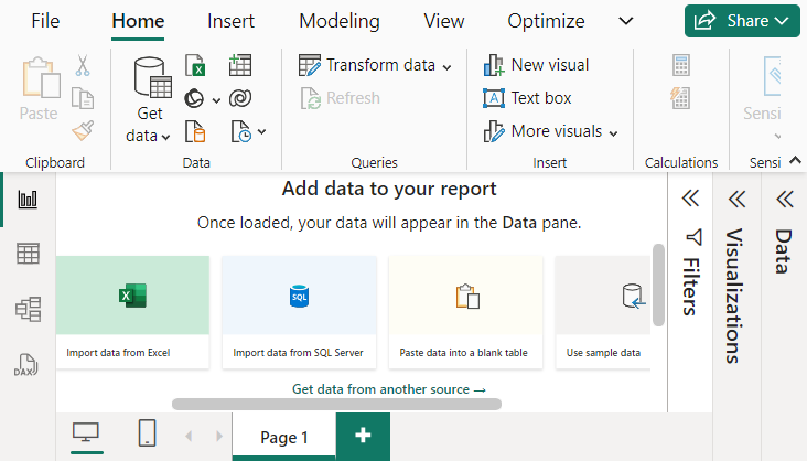 Power BI Desktop home screen offering options to add data from Excel, manually 