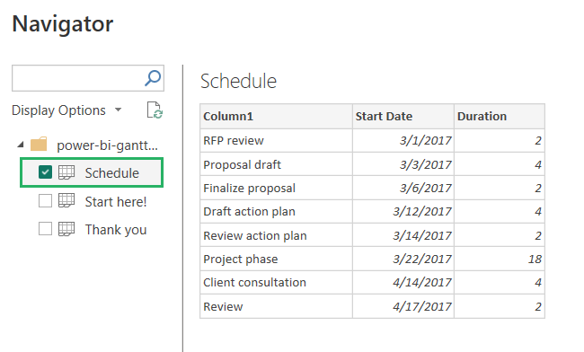 Preview of the table appears in the navigator - check formatting to import in Power BI reports