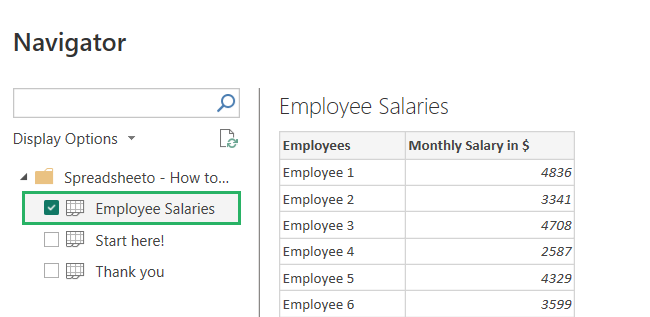 Preview of the table appears in the navigator - check formatting to import in Power BI reports