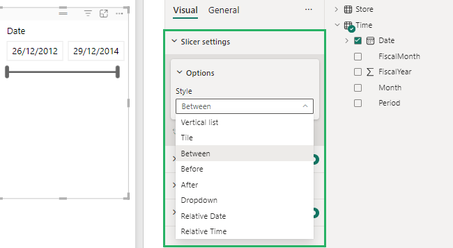 Dropdown containing filtering options