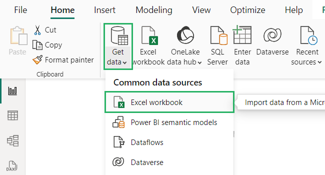 Click Get data to open your file containing the data set and import it into report 