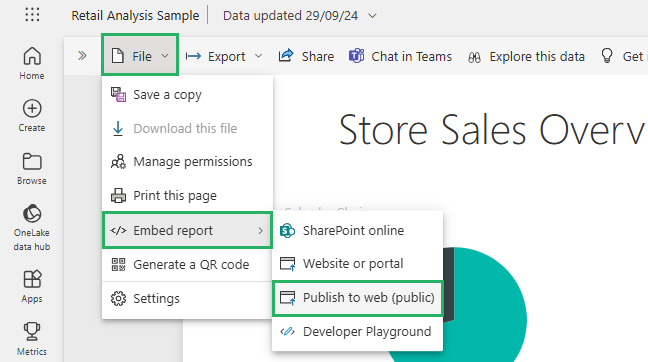 Select Embed to embed the Microsoft Power BI report