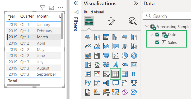 Select Table to to create table and select Date and Sales to add to your table in report