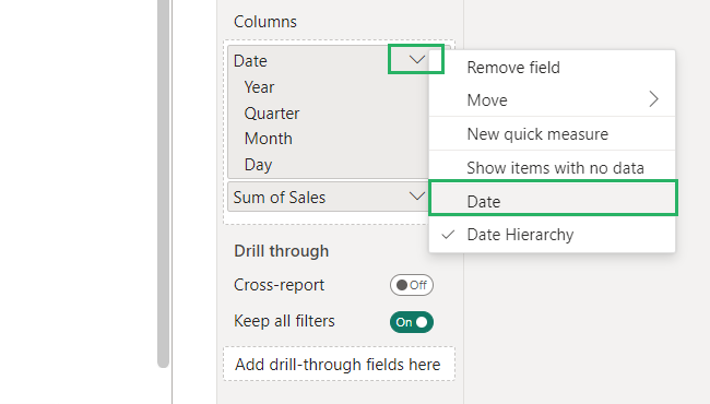 Change the Date hierarchy to select date and insert power bi data mode in the table