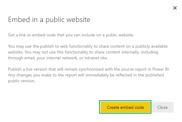 embed code with Power BI visualizations and Power BI pro pop up