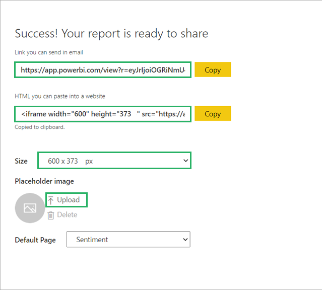 Success dialogue prompt on the screen to copy the link and modify the size