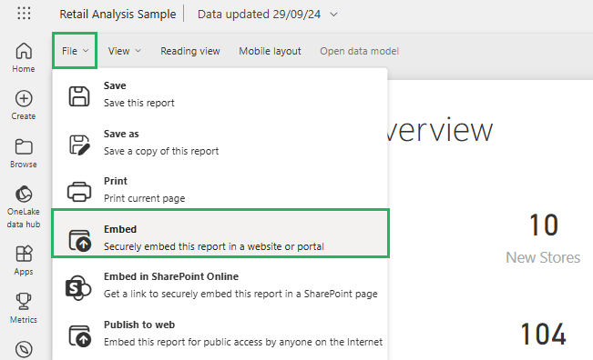 Select embed from the website or portal to embed the dashboard