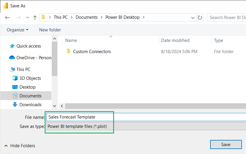 Name the Power BI template pbit file